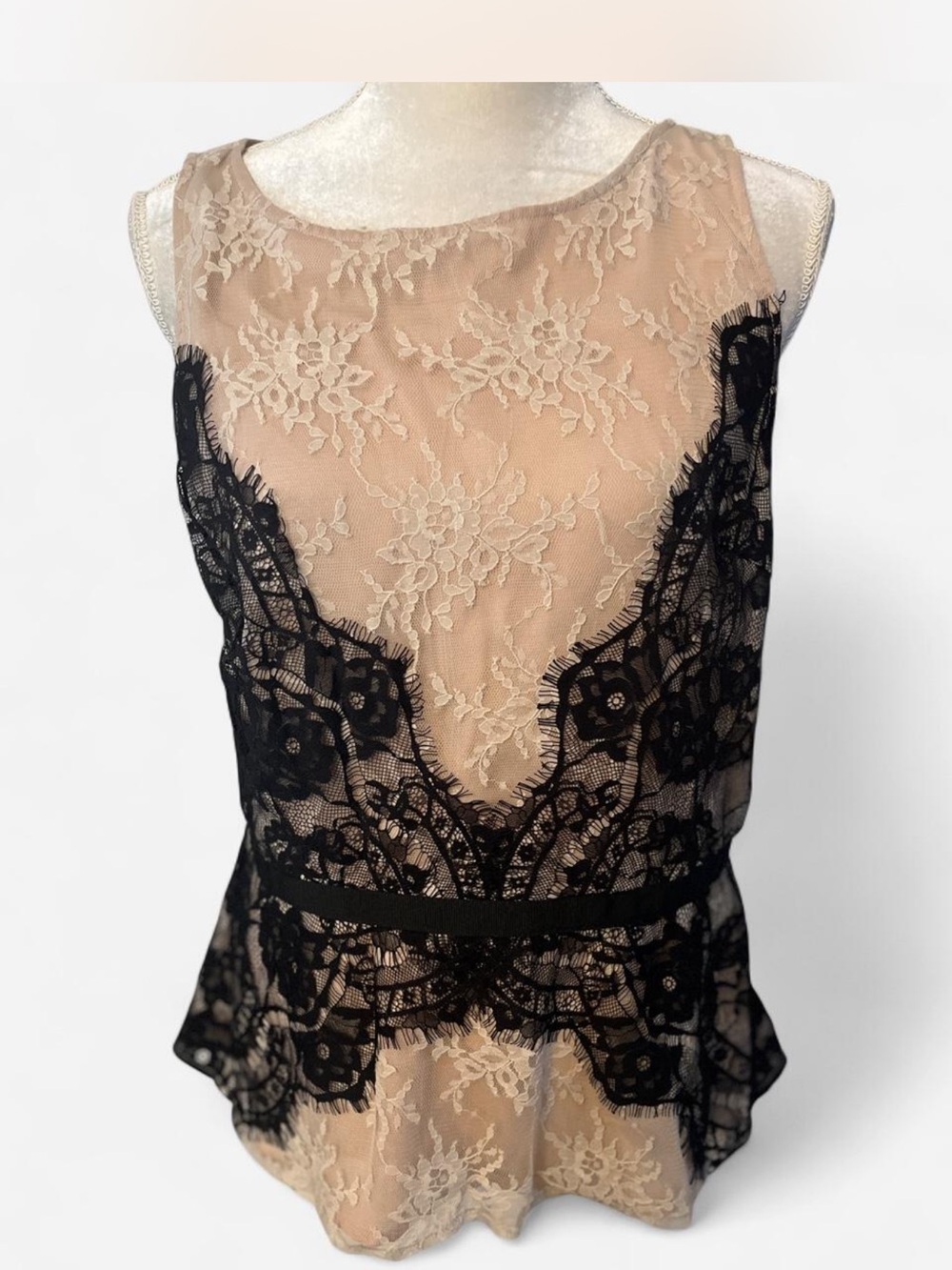 LOFT Black Lace Overlay on Nude Sheer Peplum Tank